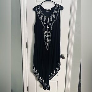 Collections Etc. Black Embroidered Handkerchief Hem Rayon Dress, Boho Sleeveless